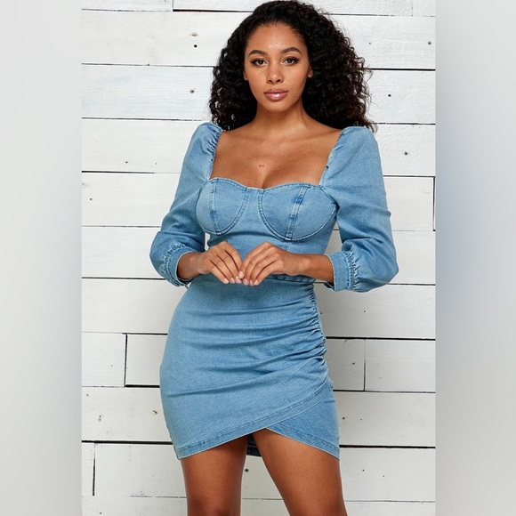 Shop Michella | Dresses | Nwt Detailed Balloon Sleeve Mini Denim Dress |  Poshmark